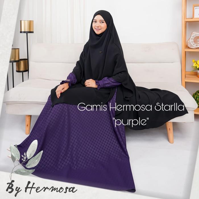 (Hermosa)Gamis Embos Wolfis Motif Starla Ungu Tua-Gamis Ungu Tua Premium Bahan Wolfis Embos Busui
