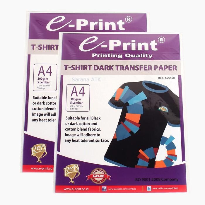 

E - PRINT PHOTO PAPER TSHIRT DARK A4 300GSM 5S - Pack