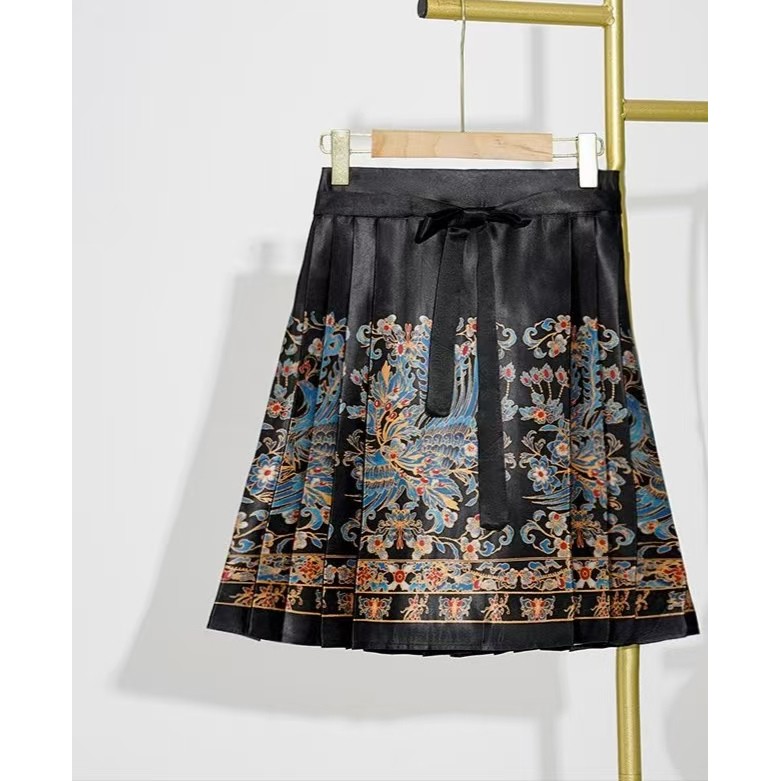 Ma Mian Qun Pendek Selutut | Rok Hanfu Modern Hitam Biru | Chinese Horse Face Skirt - Modern Chinese
