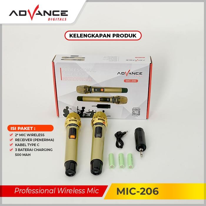 Advance Microphone Profesional 2 Mic Wireless Gold Bisa Di Charger Original Wireless Mic 206