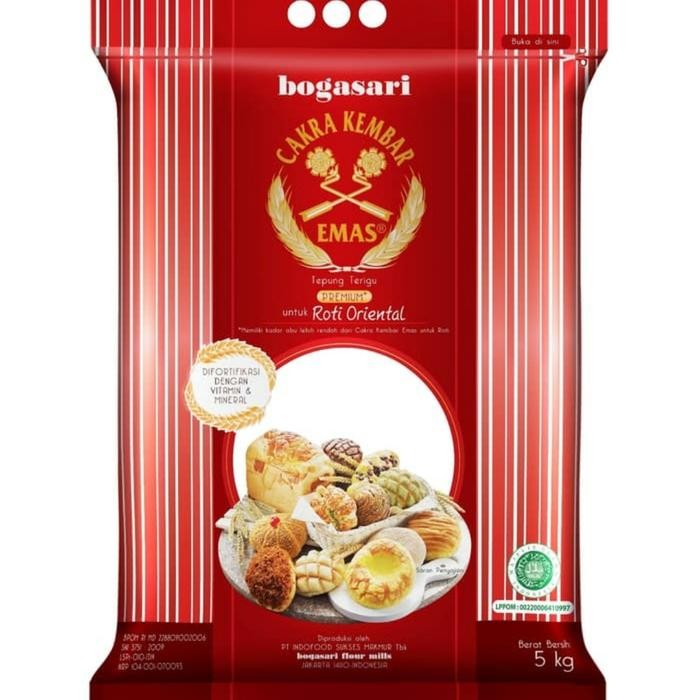 

New TEPUNG CAKRA KEMBAR EMAS BOGASARI PREMIUM ORIENTAL 5 KG UTK ROTI HALAL Ready