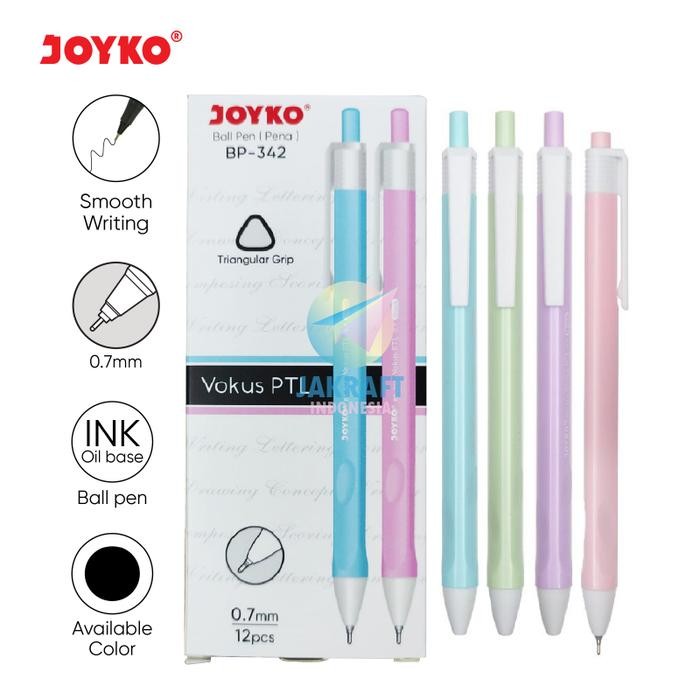 

New (12 Pcs) Pulpen Bolpen Pen Klik JOYKO BP-342 Vocus Pastel Mix Tebal 0.7 mm Warna Tinta Hitam