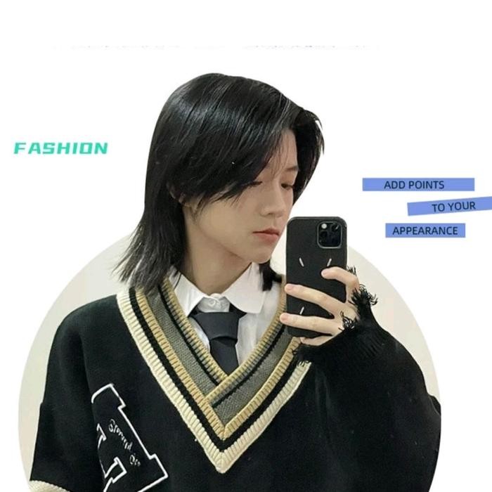 Wig Pria Rambut Gondrong Lurus Dengan Poni Warna Hitam Natural Wig Rambut Palsu Mullet Gaya Cowok