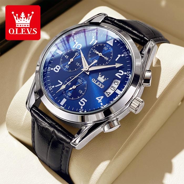 OLEVS Jam Tangan Pria Tahan Air Bercahaya Asli 2025 Led Multifungsi Chronograph Men Watches Hitam
