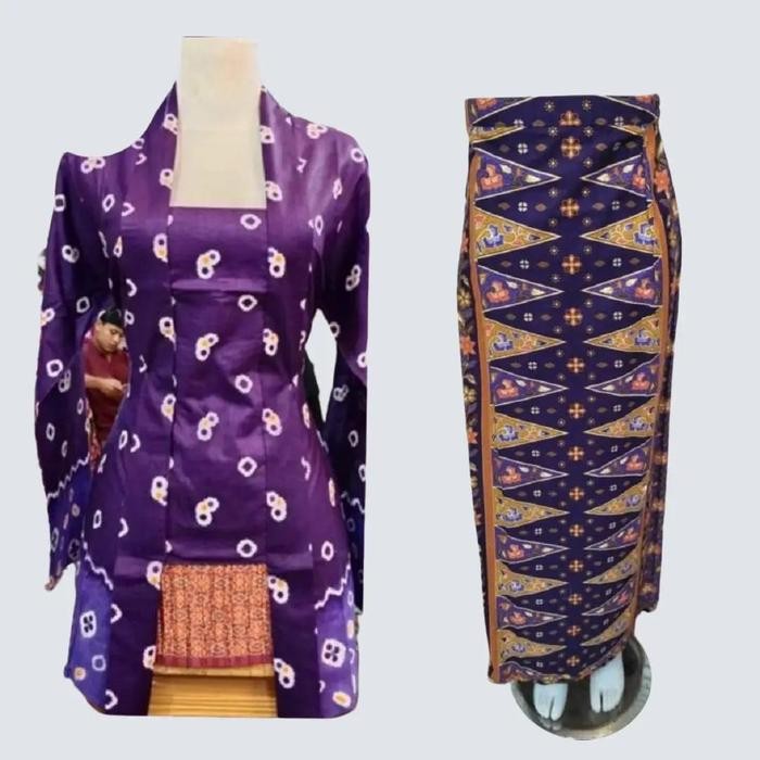 Setelan Kebaya Model Kutu Baru Modern Jumputan Wanita Bahan Kain Katun Batik Warna Ungu - Dress