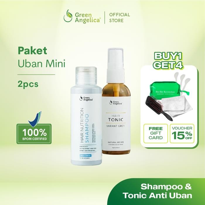 Green Angelica Paket Uban Mini Tonic Penghitam Uban dari Akar dan shampoo Rambut Rontok BPOM hitam