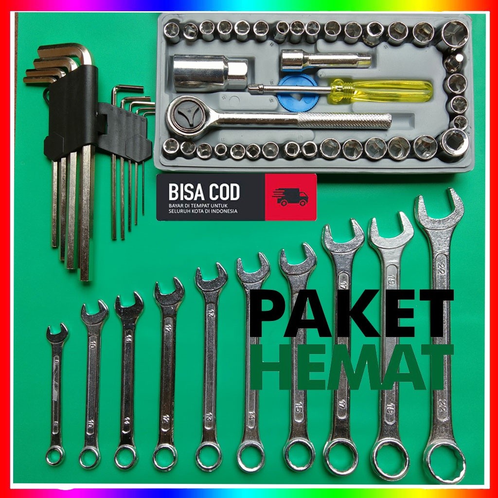 Paket Kunci Shock Shok Sok 40Pcs Aiwa + Kunci Ring Pas 11Pcs 8-22mm + Kunci L Set 9Pcs Victory ( BIS