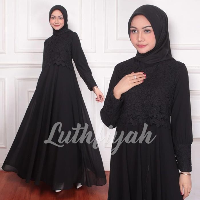 Gamis Cantik Model Payung Kombinasi Brukat Polos Bunga Putih Muslim Wanita Mewah Kancing Panjang