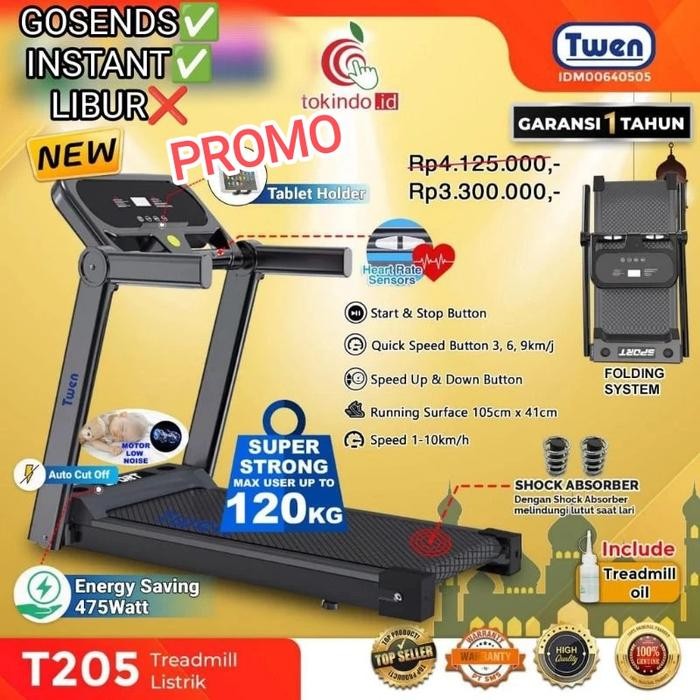TREADMILL T205 LISTRIK ALAT OLAHRAGA RUMAHAN LARI GYM FITNES ORI TWEN