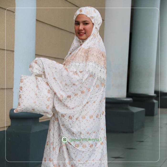 mukena dewasa jumbo terusan sutra jepang prada renda coklat lebar