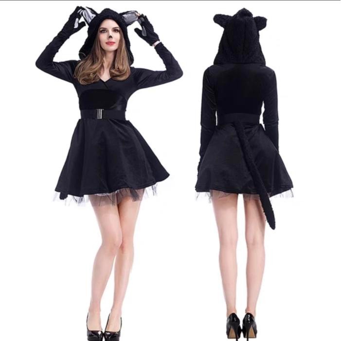 W-1713 Black Cat Costume Women Adult Dres Kostum Kucing Wanita Dewasa