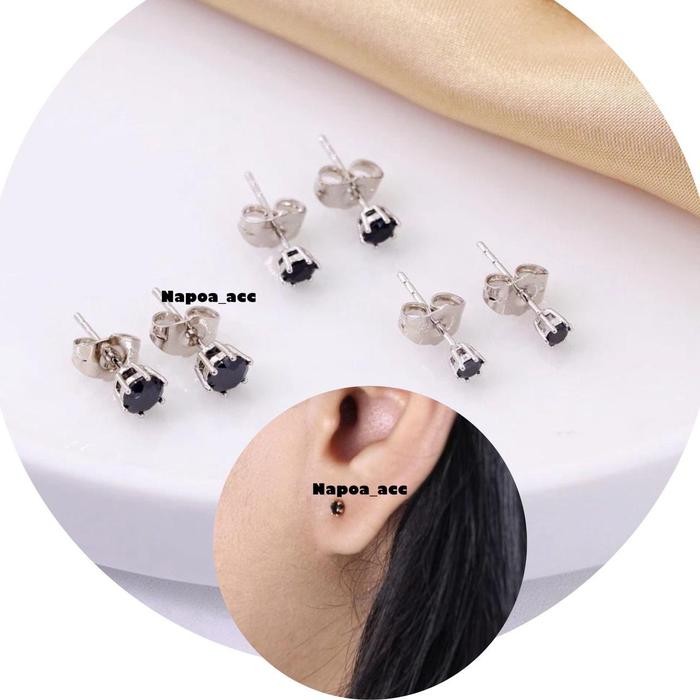 ANTING GIWANG SILVER PERMATA HITAM TITANIUM ANTI KARAT Earrings Pria Wanita anting titanium wanita