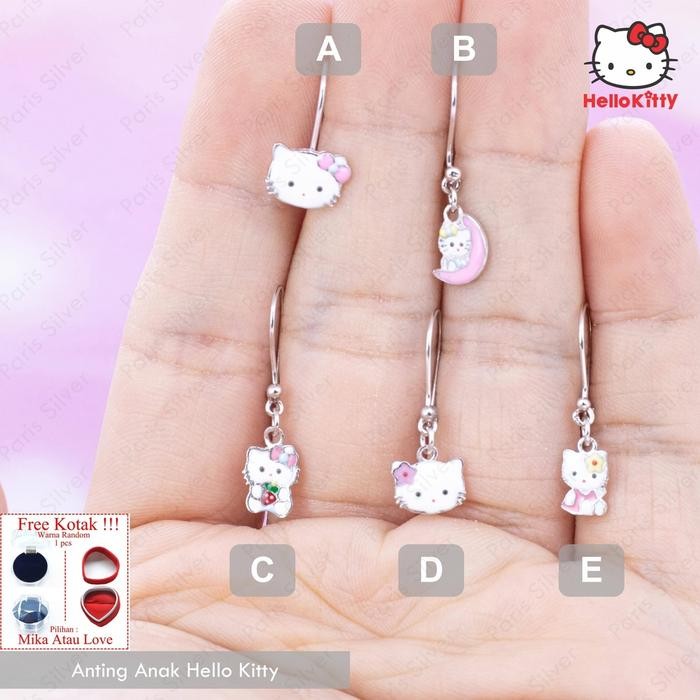 Promo Anting Anak Hello Kitty Perak Asli Silver 925 Lapis Emas Putih Cewek Warna Bandul Kait