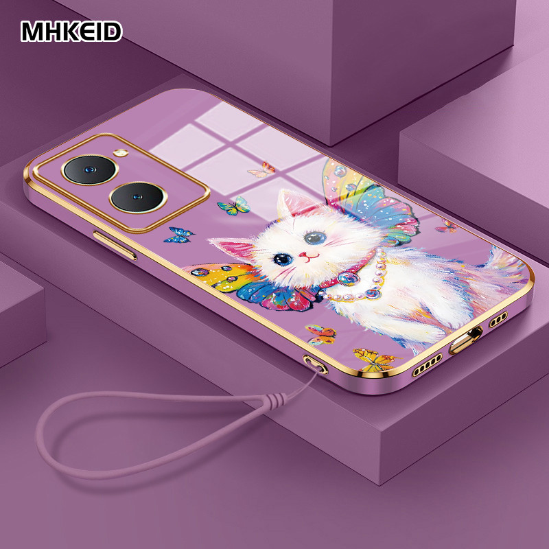MHKEID Casing Hp Untuk VIVO Y03 Y18 Y18E Y28s Y28 5G Y28 2024 4G Case Casing HP pola Kucing Kupu-kup