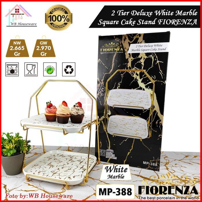 Fiorenza Tempat Kue Buah Keramik Rak Susun Tingkat 2Susun Motif White Marble / Square Cake Stand /