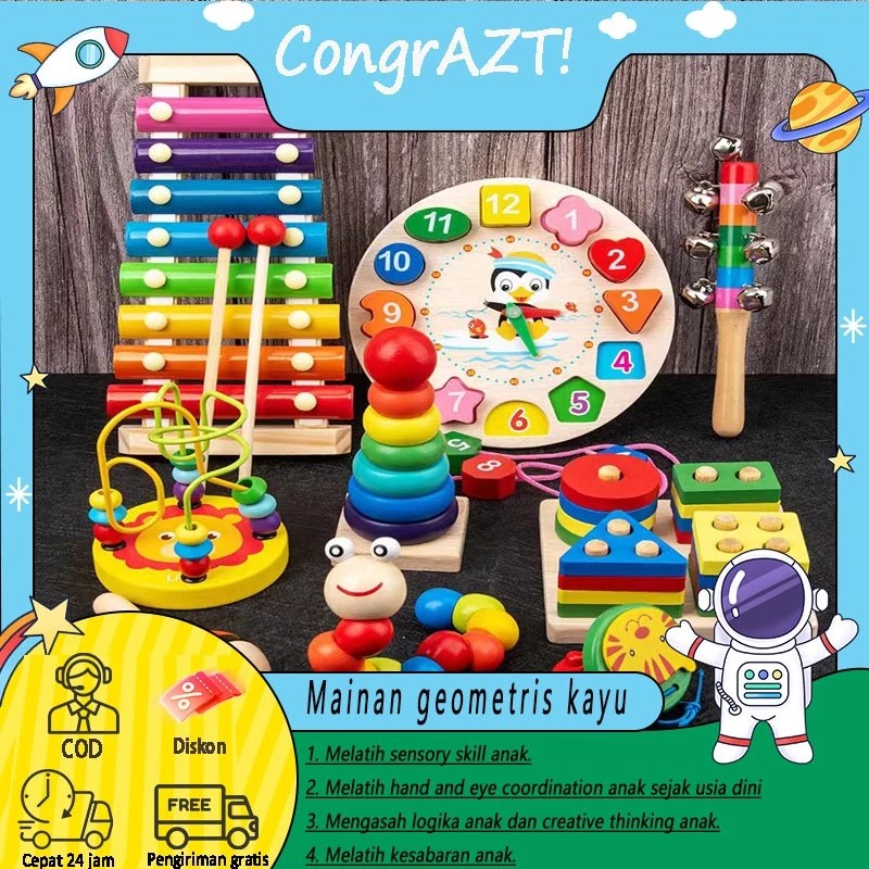 

Mainan Anak Basic Kayu Edukasi Sensory Montessori Mini Round Beads Jam Puzzle 3D Shape Geometri Xylophone / Sensory Play