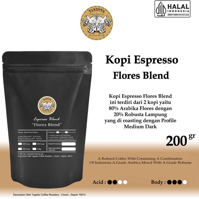 

BIJI KOPI ESPRESSO FLORES BLEND 200GR - 80% ARABIKA 20% ROBUSTA BEAN GROUND BUBUK 200 GRAM TAGETTO