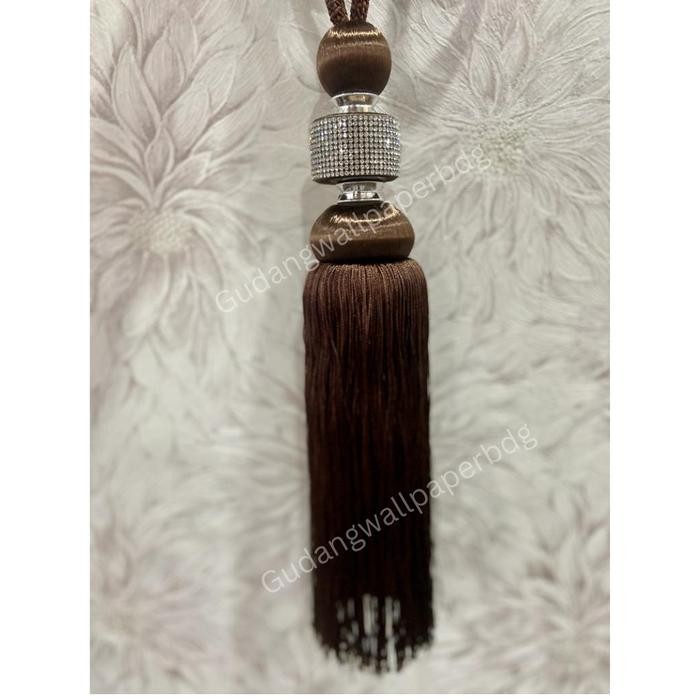TASSEL TALI GORDEN CYRSTAL RUMBAI MEWAH CREAM SILVER COKLAT PREMIUM
