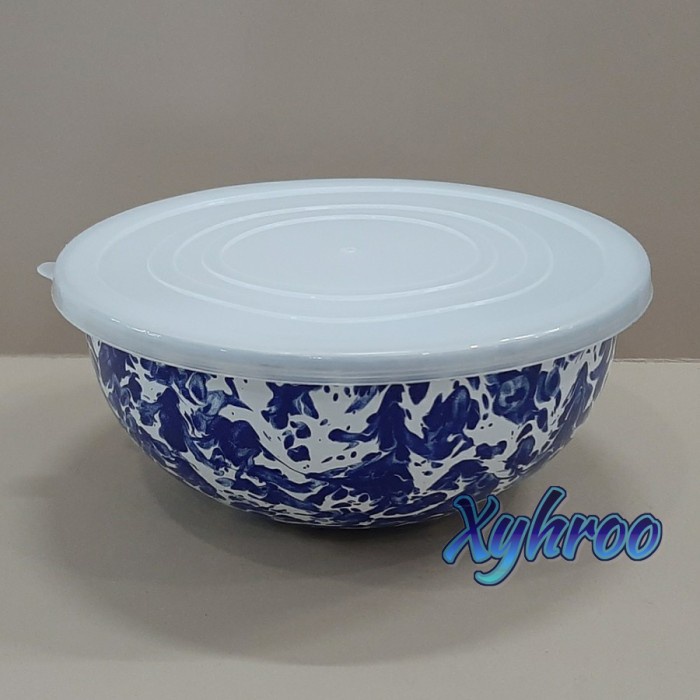 Rantang Mangkok Bowl Enamel Tutup Plastik 23cm biru blirik