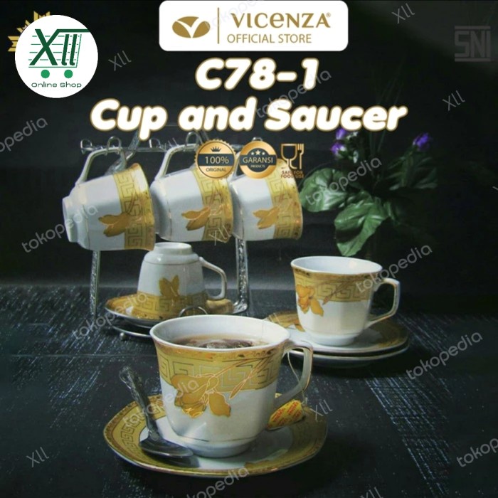 VICENZA C~78~1 Tea Cup Saucers Set 13 Pcs Cangkir & Tatak + Rak