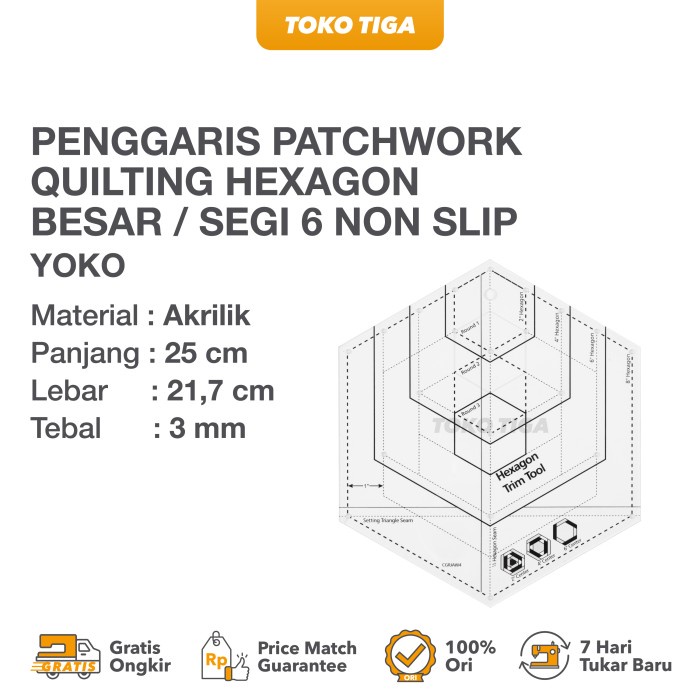 

Penggaris Patchwork Quilting Hexagon Besar / Segi 6 Non Slip (CGRJAW4)