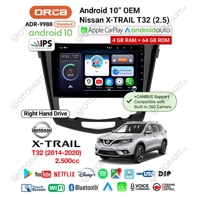 Headunit Android Carplay 10 Inch Xtrail T32 2014-2020 Orca Standart