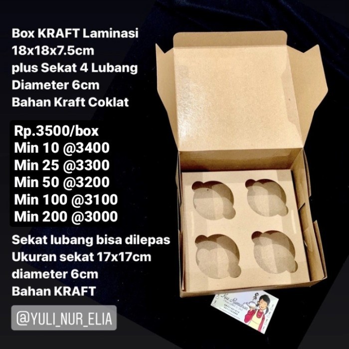 

Flashshow Box KRAFT Laminasi 18x18x7.5cm Sekat 4 Lubang Dia 6cm KRAFT Coklat