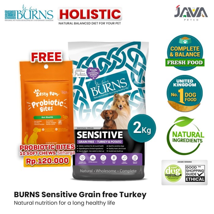KHUSUS GRAB Burns Sensitive Grain Free Dog Food Holistic Turkey & Potato 2kg Adult & Senior -