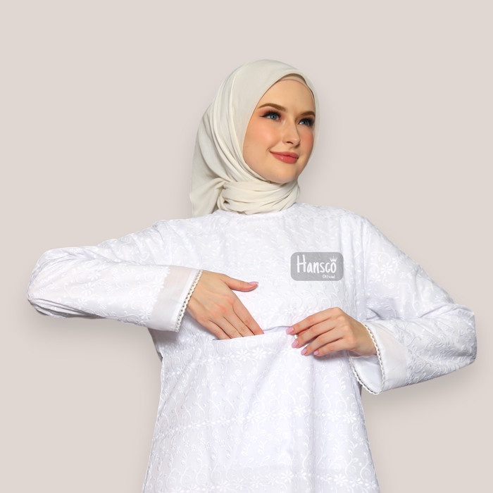 Gamis Umroh Kantong Depan Putih Dengan Bordir Perlengkapan Umroh Haji Wanita