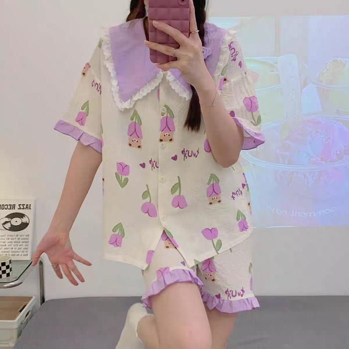 TERPERCAYA Baju tidur hotpant wanita bahan kaos import / Setelan Kancing Celana Pendek / Piyama