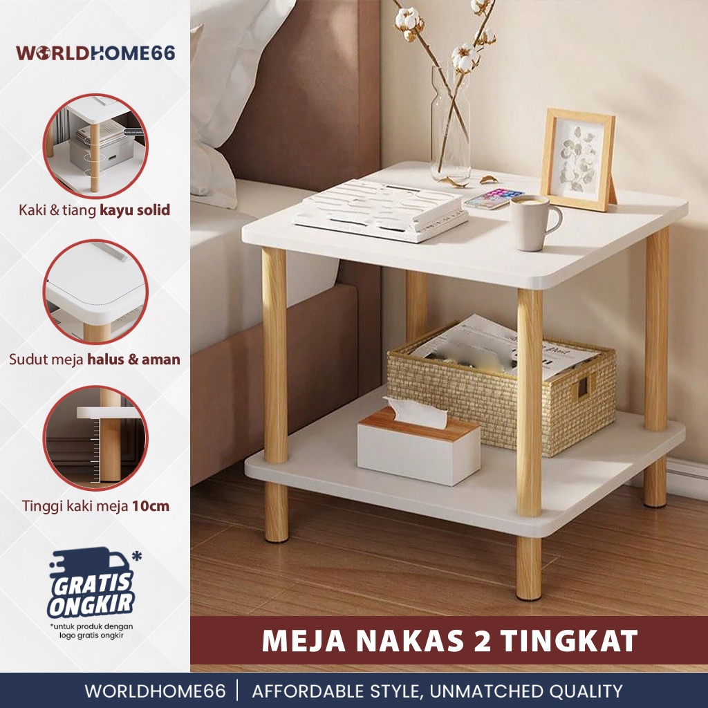 Ready Worldhome Meja Nakas 2 Tingkat Bedside Table Meja Sudut Meja Kamar Tidur Meja Sisi Ranjang