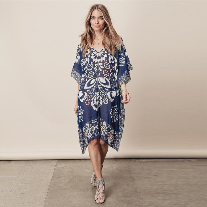 Blue Bohemian Chiffon Bikini Outer Wanita / Mini Dress Cover Up Bikini