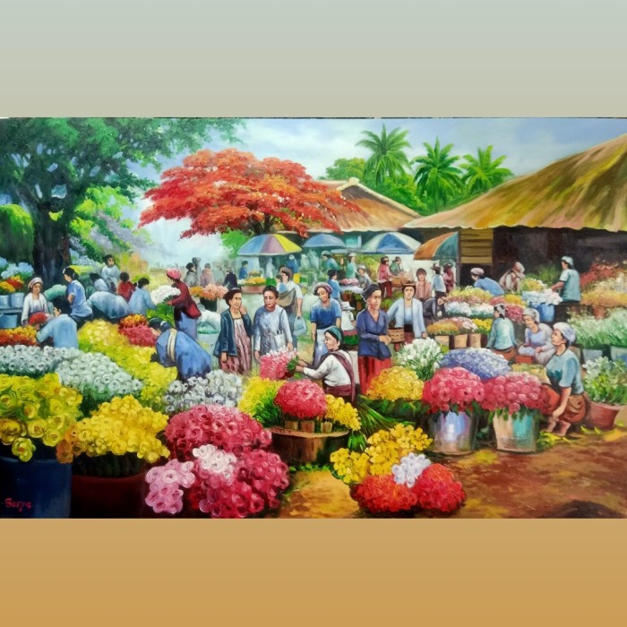 Lukisan Kanvas Pasar Bunga Timbul - Lukisan Pasar Bunga - Bunga