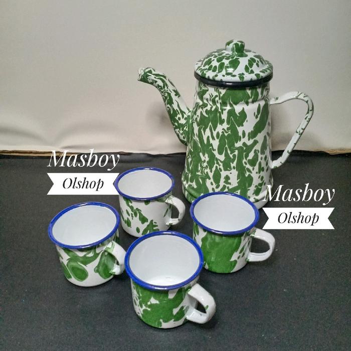 TERBARU 1 Set Teko Enamel Eskan Burik Blirik+Mug 7 cm / Barang Jadul Antik