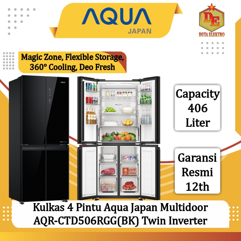 Kulkas 4 Pintu Aqua Japan AQR CTD 506 RGG(BK) Multidoor Twin Inverter