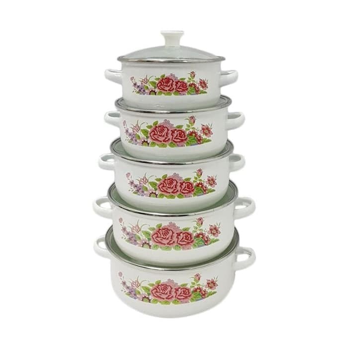 Panci Set Enamel Motif Kembang 5 pcs / Paket Alat Saji Makanan