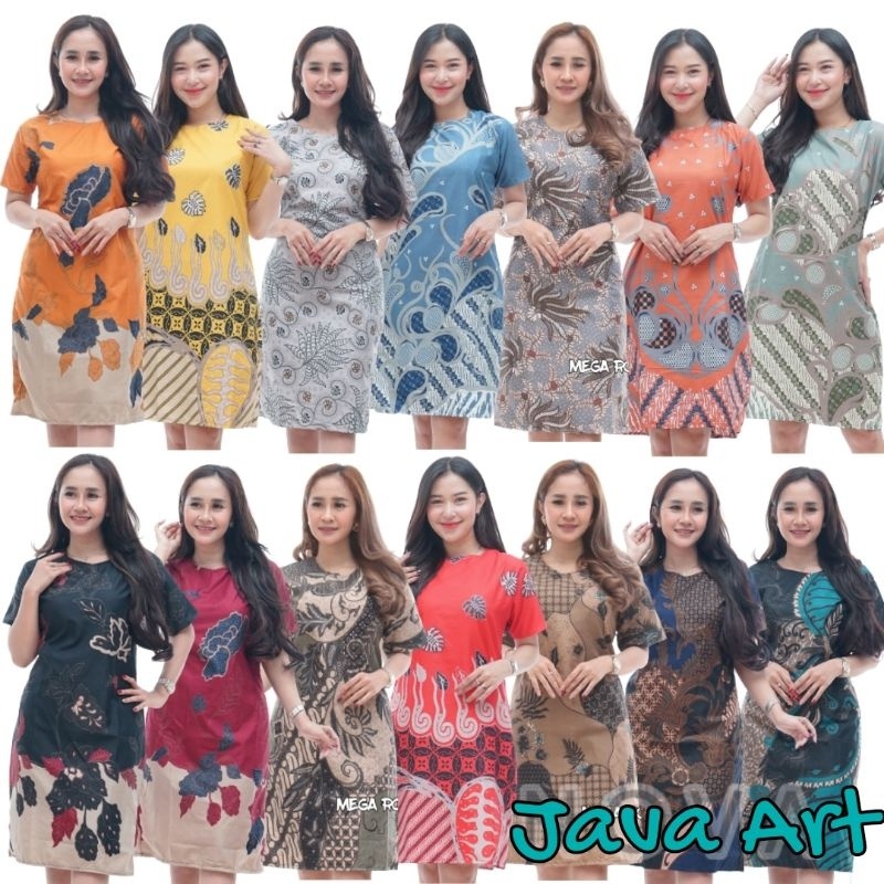 LS - JAVA ART - BAJU DRESS WANITA MODERN MODEL TERBARU MOTIF BATIK LENGAN PENDEK SELUTUT PARTY NATAL