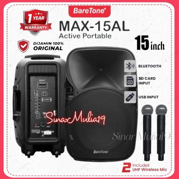 PAKET BONUS SPEAKER AKTIF PORTABLE 15 INCHI BARETONE MAX15AL ORIGINAL