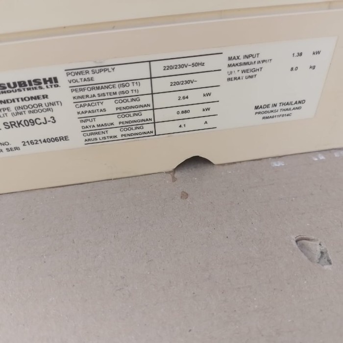 Body Cover Casing Indoor AC 1 PK Mitsubishi Heavy Industries LTD SRK09CJ-3 Original Bekas