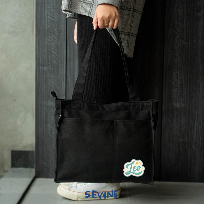 Sale Terbatas Sevine Totebag Wz Rebecca Zodiac Square Hitam - Tas Wanita Sekat Kantong Unisex Kanvas