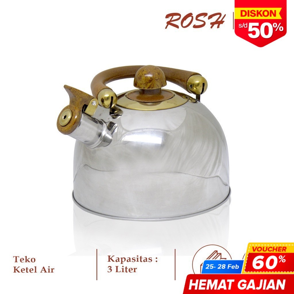 Terlaris ROSH Teko / Ketel / Ceret 3 Liter Whistling Kettle Wooden Stainless Steel Anti Karat ROS