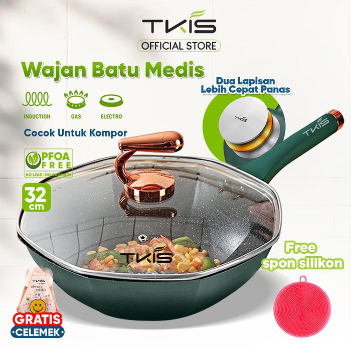 Tkis Wajan Batu Medis Persegi Delapan Free Tutupan Wajan Warna Hijau Model Baru Wajan Kokoh Dan