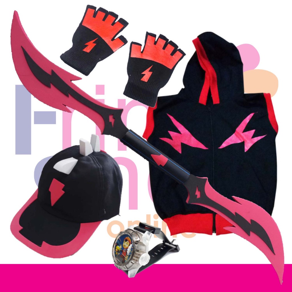 PAKET KOSTUM TOPI + JAM + SARUNG TANGAN + ROMPI + TOMBAK BOBOIBOY HALILINTAR THE MOVIE