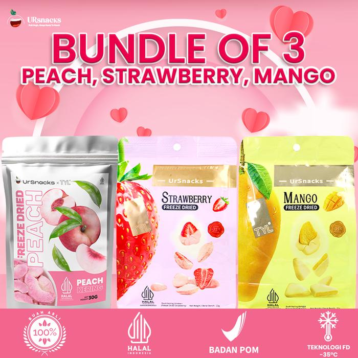 

terbaru !!! [live] ursnacks bundle of 3 - freeze dried keripik buah peach + strawberry + mangga
