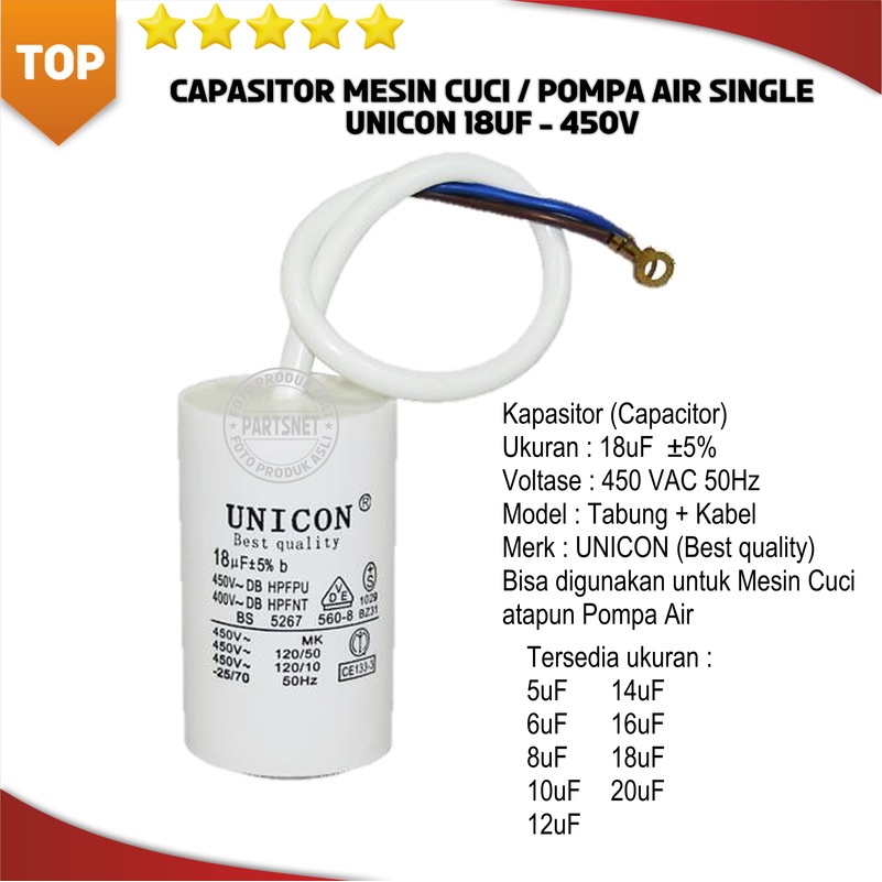 Kapasitor Capasitor Mesin Cuci Pompa Air plus Kabel Merk Unicon 18UF