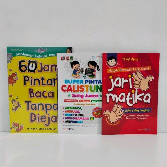 

SALE !!! PAKET 3 BUKU ANAK 60 JAM PINTAR MEMBACA TANPA DI EJA,SUPER PINTAR CALISTUNG,JARIMATIKA SOFT