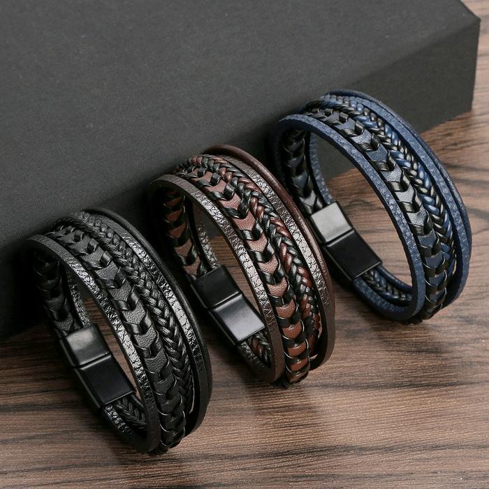 Gelang Kulit Multi Layer Casual Punk Road - Gelang Kulit Asli Punk Rock Metal Untuk Pria Wanita