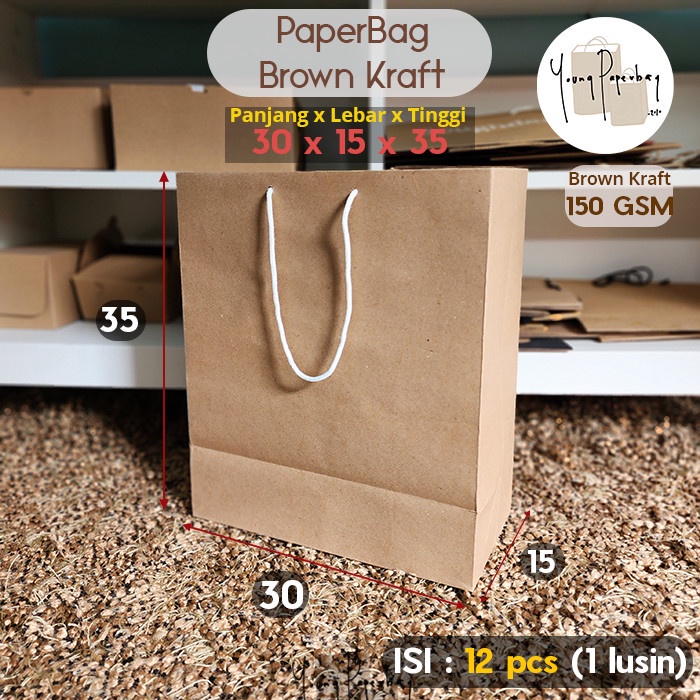 Paper Paper Bag/Tas Kertas Paperbag Polos Kraft Coklat 30 X 15 X 35 -150 Gsm