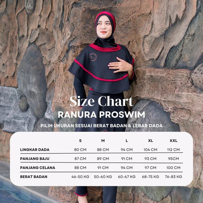 Baju Renang Pelampung Wanita Muslimah Ranura Proswim Hijab Dewasa Panjang Syari Black Maroon