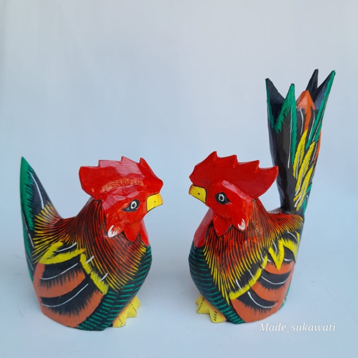 favorit] Patung kayu sepasang ayam jantan betina jongkok mini kerajinan Bali